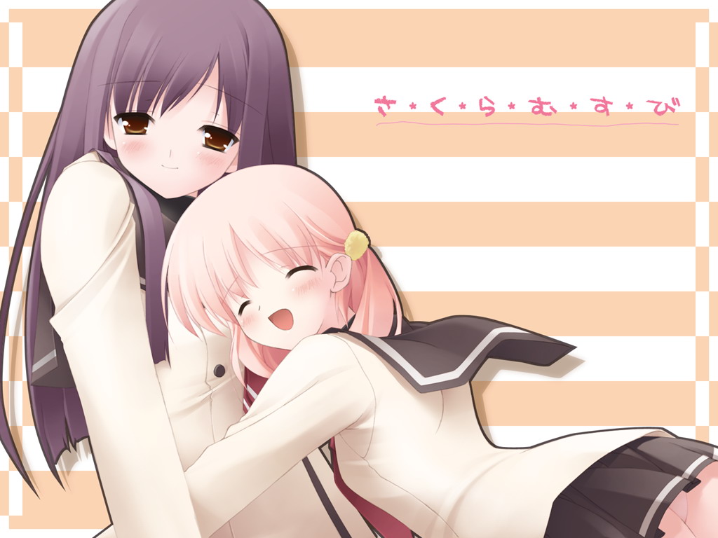 kiriyama sakura, sera karen, sakura musubi, 2girls, black hair, blush, brown eyes, closed eyes, hug, long hair, multiple girls, orange hair, panties, pleated skirt, school uniform, serafuku, skirt, twintails, underwear, white panties, yuri