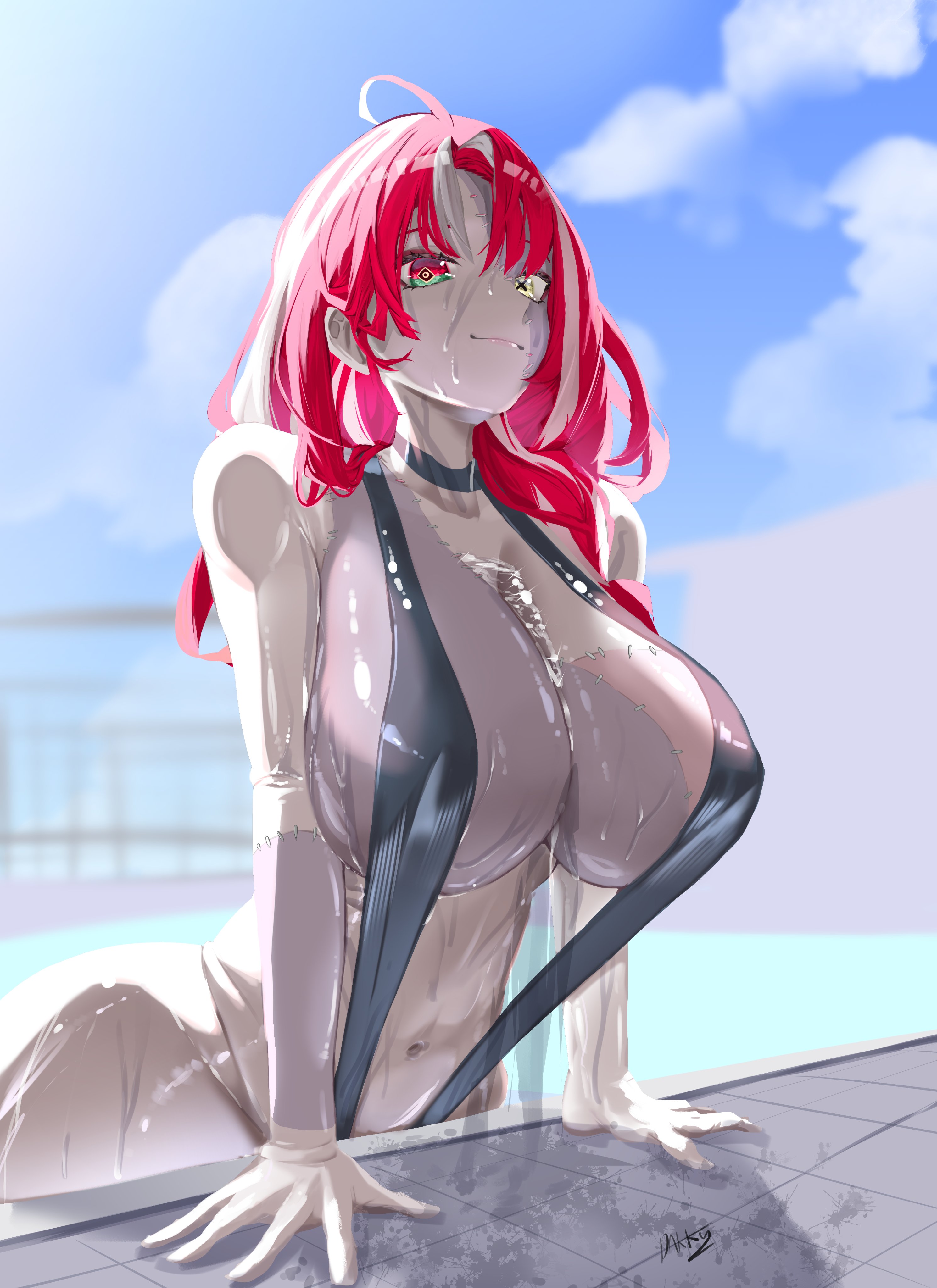 daaku (koizumi arata), kureiji ollie, sallie (kureiji ollie), hololive, hololive indonesia, absurdres, commission, highres, 1girl, ahoge, black slingshot swimsuit, breasts, closed mouth, cloud, colored inner hair, colored skin, grey skin, heterochromia, large breasts, long hair, multicolored hair, navel, pink hair, red eyes, red hair, signature, sky, slingshot swimsuit, solo, stitched arm, stitched face, stitched torso, stitches, streaked hair, swimsuit, symbol-shaped pupils, wet, white hair, x-shaped pupils, yellow eyes