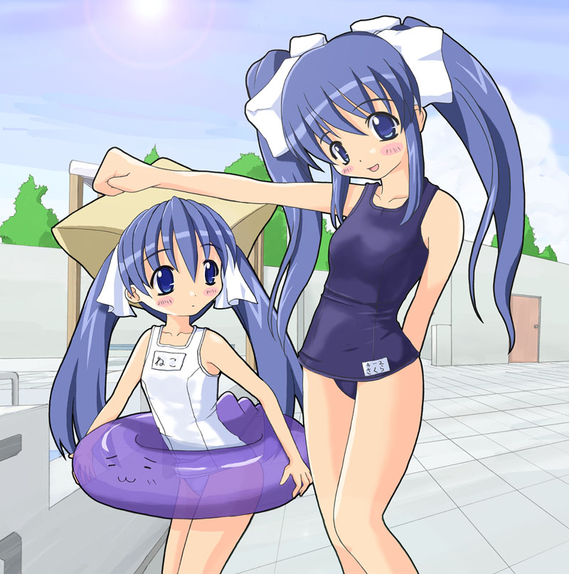 nekoko (ukagaka), sakura (ukagaka), unyuu, ukagaka, 2girls, cloud, day, innertube, multiple girls, name tag, one-piece swimsuit, outdoors, school swimsuit, sky, swim ring, swimsuit, twintails, white one-piece swimsuit, white school swimsuit