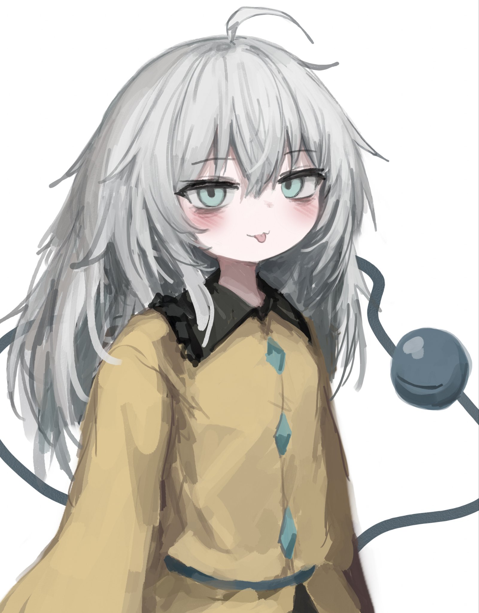 reverinth, komeiji koishi, touhou, highres, 1girl, ahoge, black collar, blush, buttons, closed mouth, collar, diamond button, frilled collar, frills, grey hair, hair between eyes, long hair, looking at viewer, no headwear, shirt, simple background, smile, solo, third eye, tongue, tongue out, upper body, white background, wide sleeves, yellow shirt