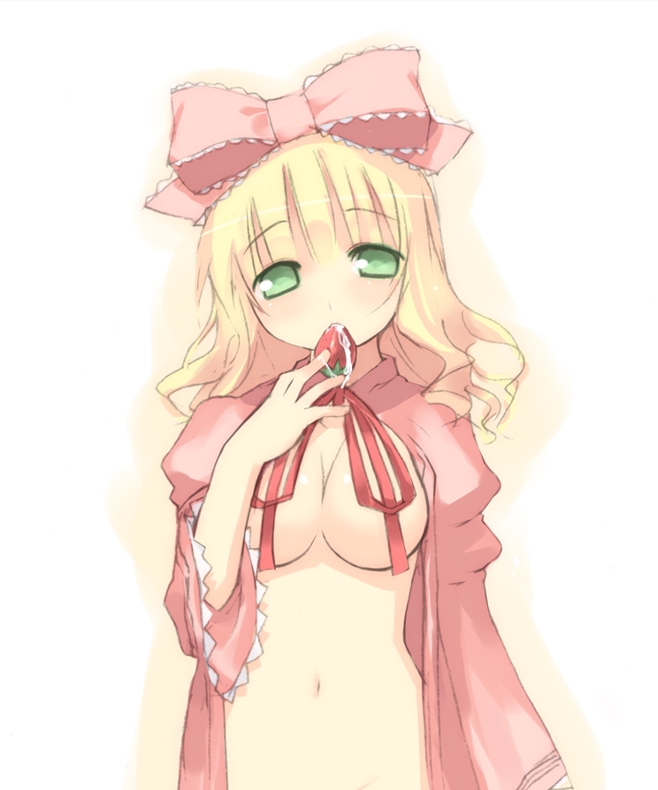 kashiwamochi yomogi, hinaichigo, rozen maiden, 00s, 1girl, blonde hair, blush, bow, breasts, female focus, food, fruit, green eyes, holding, holding food, holding fruit, mouth hold, name connection, navel, object namesake, open clothes, open shirt, pink bow, ribbon, saliva, shirt, short hair, solo, strawberry