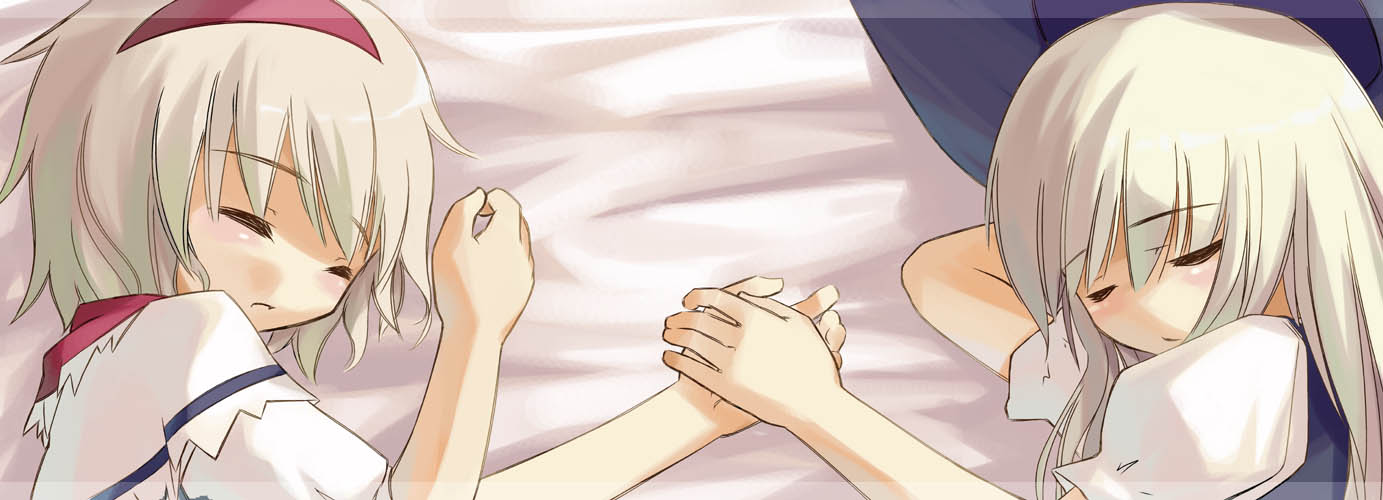 urara (ckt), alice margatroid, kirisame marisa, touhou, 2girls, bed, bed sheet, blonde hair, blush, closed eyes, female focus, hat, holding hands, lying, multiple girls, sleeping, sleepy, unworn hat, unworn headwear