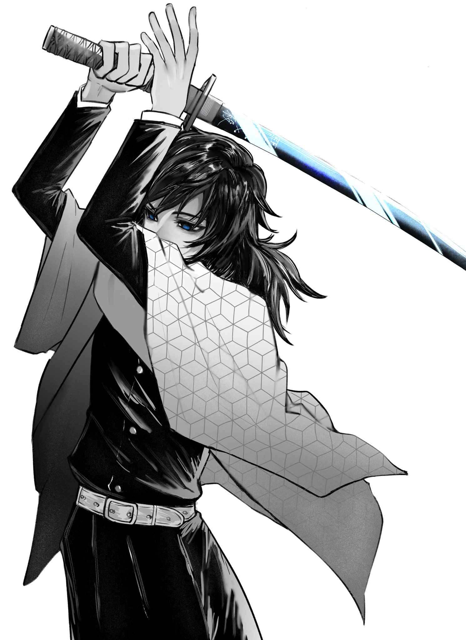 tomioka giyuu, kimetsu no yaiba, highres, 1boy, arms up, belt, black hair, black jacket, black pants, blue eyes, buttons, cowboy shot, empty eyes, hair between eyes, half-closed eyes, haori, holding, holding sword, holding weapon, jacket, japanese clothes, katana, long hair, low ponytail, male focus, nunu92254, pants, partially colored, ponytail, solo, spiked hair, standing, sword, weapon, white belt