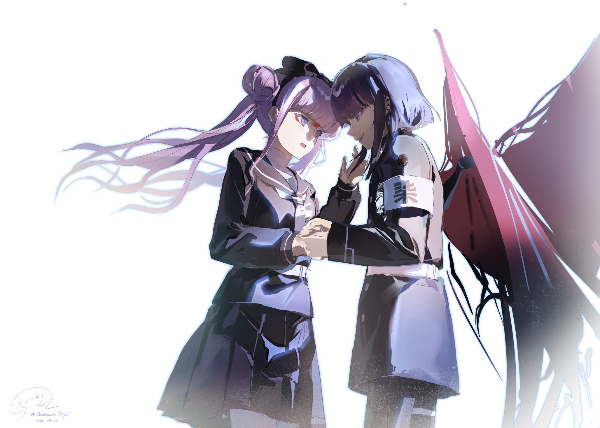 tsukumo ima, tsukumo kako, the hundred line -last defense academy-, commentary, highres, 1boy, 1girl, armband, black bow, black hairband, black pants, black sailor collar, black serafuku, black skirt, bow, bow hairband, brother and sister, dated, double bun, ear piercing, eyeliner, floating hair, gakuran, gloves, hair bun, hairband, hand up, holding hands, last defense academy school uniform, long hair, makeup, neckerchief, nemumioto, pants, piercing, pink eyes, pink hair, purple hair, red eyeliner, red wings, sailor collar, school uniform, serafuku, short hair, siblings, skirt, smile, twins, twintails, twitter username, white armband, white gloves, white neckerchief, wings