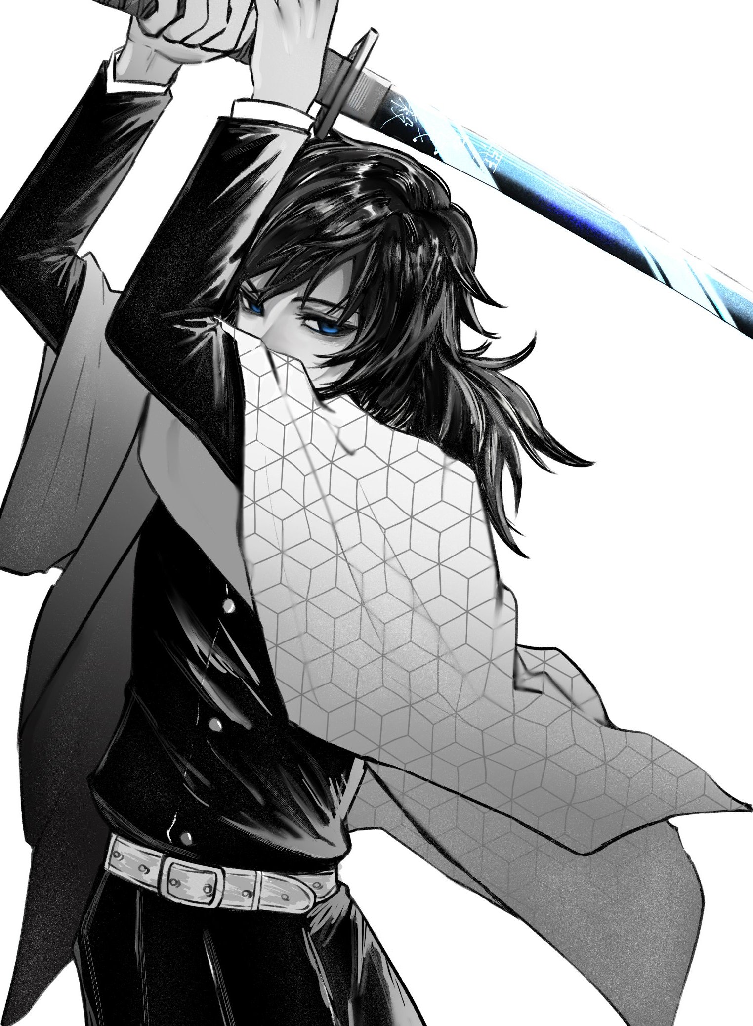 tomioka giyuu, kimetsu no yaiba, highres, 1boy, arms up, belt, black hair, black jacket, black pants, blue eyes, buttons, cowboy shot, empty eyes, hair between eyes, half-closed eyes, haori, holding, holding sword, holding weapon, jacket, japanese clothes, katana, long hair, looking at viewer, low ponytail, male focus, nunu92254, pants, partially colored, ponytail, solo, spiked hair, standing, sword, weapon, white belt