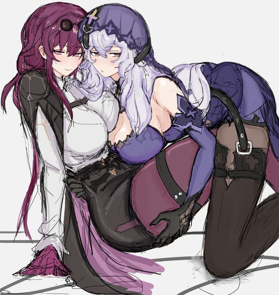 92837lan, black swan (honkai: star rail), kafka (honkai: star rail), honkai: star rail, honkai (series), highres, 2girls, black gloves, black shorts, black thighhighs, breasts, cleavage, detached sleeves, dress, eyewear on head, gloves, hand on ground, hands on another's thighs, hands on another's waist, large breasts, long hair, long sleeves, looking at viewer, multiple girls, pantyhose, pink eyes, power connection, purple dress, purple hair, purple pantyhose, purple veil, round eyewear, shirt, shorts, sidelocks, simple background, smile, sunglasses, thigh strap, thighhighs, thighs, veil, white background, white shirt, yellow eyes, yuri