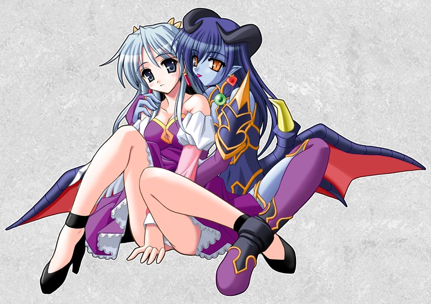 kitamiya genbu, astaroth (shinrabanshou), claudia (shinrabanshou), shinrabanshou, hand on shoulder, purple footwear, 2girls, arm support, armor, bare shoulders, black sclera, blue eyes, blue hair, blue skin, blush, boots, breasts, bridal gauntlets, colored sclera, colored skin, demon girl, detached sleeves, dress, earrings, female focus, from behind, grey hair, heart, heart earrings, horns, hug, hug from behind, jewelry, long hair, multiple girls, naughty face, panties, pantyshot, pointy ears, shy, sitting, tail, thighhighs, tongue, underwear, wings, yellow eyes, yuri
