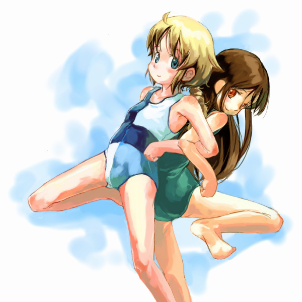 myu, original, 2girls, assisted stretching, back-to-back, blue background, locked arms, multiple girls, one-piece swimsuit, ponytail, simple background, stretching, swimsuit, white background