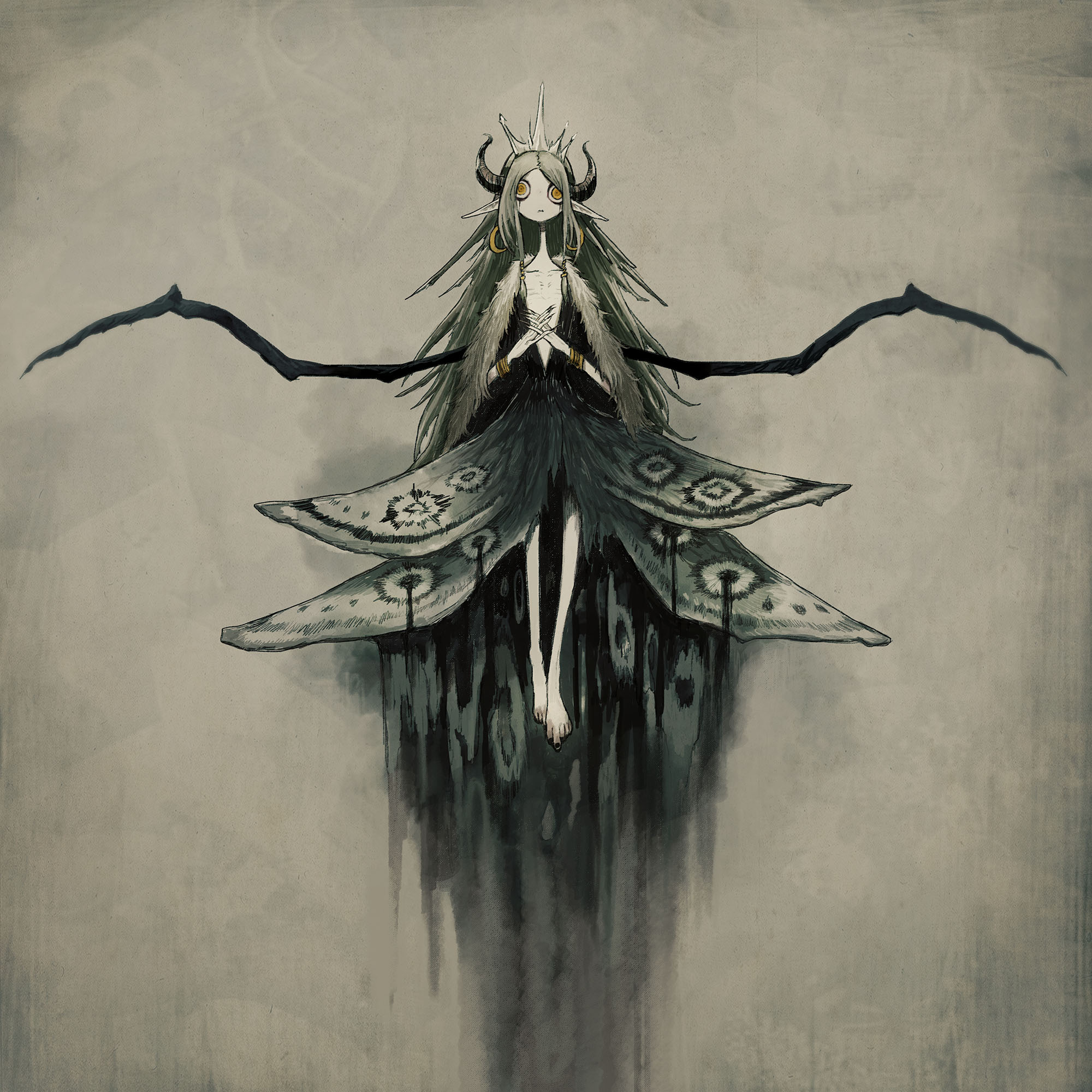 toi (number8), original, highres, tagme, barefoot, black horns, black nails, bracelet, crown, demon, demon horns, dress, earrings, fingernails, gold, gold bracelet, gold earrings, horns, jewelry, long hair, long neck, pointy ears, ribs, sharp fingernails, simple background, skinny, torn clothes, torn dress, yellow eyes