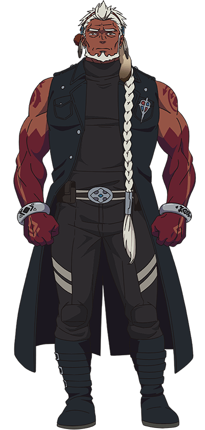 oohigashi yurie, ao no exorcist, official art, 1boy, anime coloring, armlet, beard, belt, belt pouch, black belt, black pants, black shirt, boots, braid, clenched hands, closed mouth, coat, colored skin, facial hair, full body, green boots, green coat, jewelry, long hair, looking at viewer, mature male, muscular, muscular male, osceola redarm, pants, pouch, red skin, shirt, sideburns, simple background, single braid, sleeveless, sleeveless coat, sleeveless shirt, solo, standing, thick eyebrows, transparent background, turtleneck, turtleneck shirt, very long hair, white hair