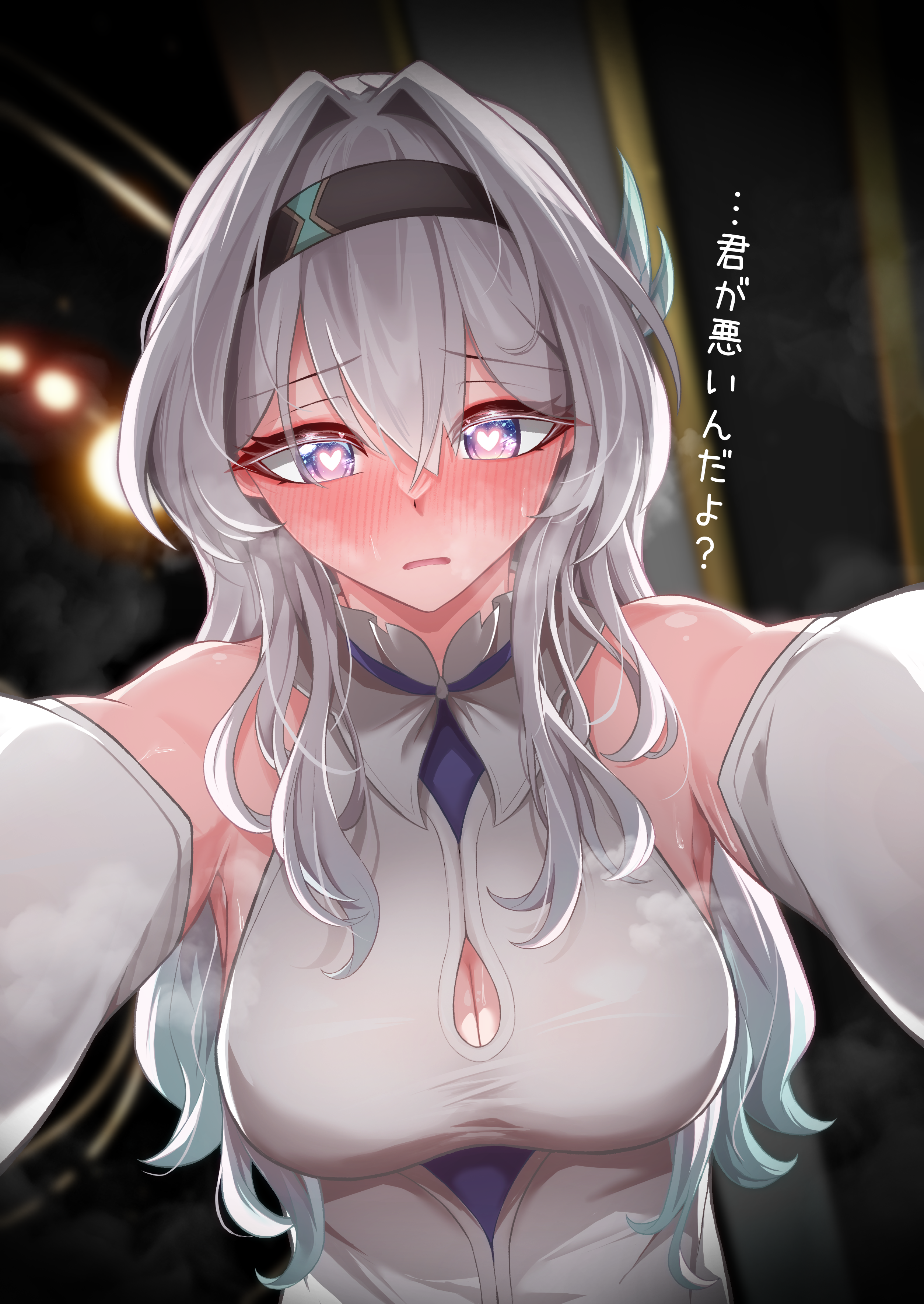 tefutefufu, firefly (honkai: star rail), honkai: star rail, honkai (series), absurdres, highres, translation request, 1girl, black hairband, blurry, blurry background, blush, breasts, bright pupils, cleavage, colored tips, green hair, grey hair, hair intakes, hairband, heart, heart-shaped pupils, kabedon on viewer, long hair, looking at viewer, multicolored hair, purple eyes, solo, sweat, symbol-shaped pupils, white pupils