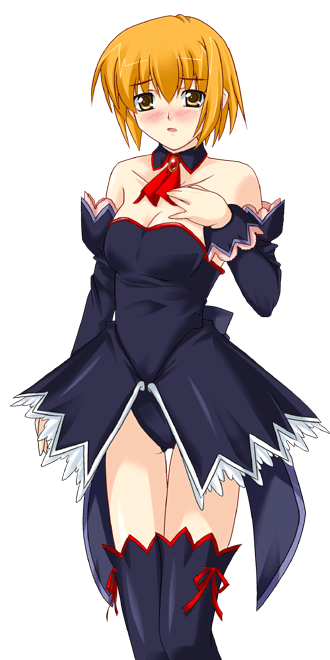 tanaka yubiseiakikana, tanaka yubiseiharukana, ever 17, higurashi no naku koro ni, 00s, 1girl, angel mort, breasts, cleavage, detached collar, dress, female focus, simple background, solo, thighhighs, transparent background, waitress, yellow eyes