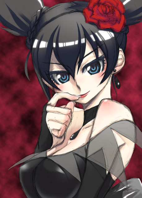 weshika, kuromi, kurumi nui, onegai my melody, sanrio, 00s, 1girl, bare shoulders, black hair, blue eyes, braid, breasts, choker, earrings, female focus, finger to mouth, flower, jewelry, red background, red flower, red rose, rose, short hair, solo, twintails