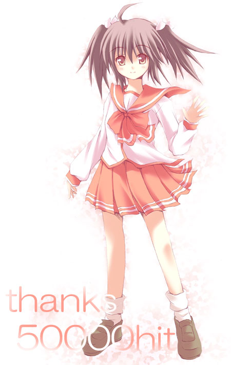 fuyuwa kotatsu, yuzuhara konomi, to heart (series), to heart 2, 00s, english text, pleated skirt, school uniform, serafuku, simple background, skirt, solo, white background