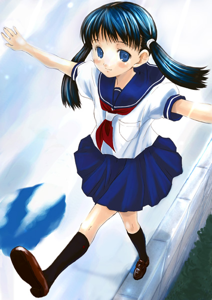 mikazukimo, original, wall, 1girl, balancing, black hair, black socks, blue skirt, brick wall, female focus, from above, kneehighs, loafers, long hair, looking at viewer, neckerchief, outstretched arms, pleated skirt, school uniform, serafuku, shirt, shoes, short sleeves, skirt, socks, solo, spread arms, twintails, wallwalking, white shirt