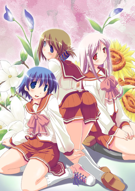 nagumo (nagumon), komaki manaka, lucy maria misora, tonami yuma, to heart (series), to heart 2, white legwear, 00s, 3girls, all fours, ass, bad anatomy, blue hair, blush, brown hair, flower, folded ponytail, hair ornament, hairclip, long hair, looking at viewer, looking back, multiple girls, pink hair, poorly drawn, school uniform, seiza, serafuku, shoes, short hair, sitting, sneakers, sunflower, very long hair, wariza