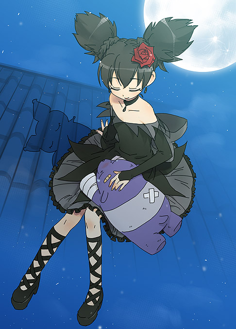 minakata sunao, baku (onegai my melody), kuromi, kurumi nui, onegai my melody, sanrio, 00s, 1girl, black hair, closed eyes, dress, female focus, flower, full moon, hair flower, hair ornament, moon, rose, short hair, smile, solo, twintails