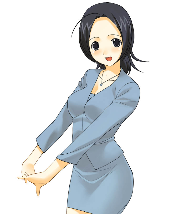 a1 (initial-g), 1girl, black eyes, black hair, blue suit, breasts, business suit, female focus, formal clothes, jacket, medium breasts, miniskirt, office lady, pencil skirt, skirt, skirt suit, solo, suit