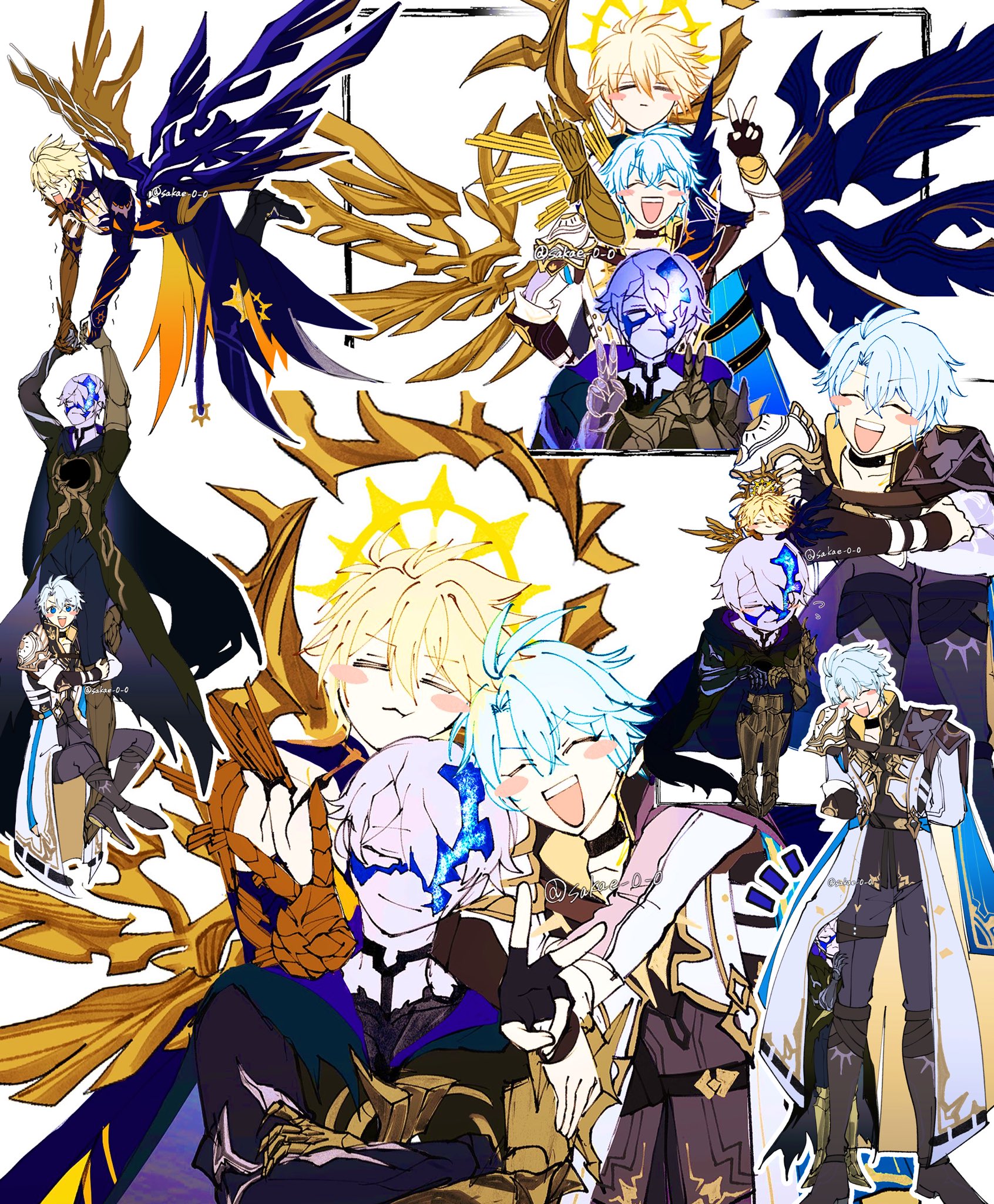 sakae 0 0, flame reaver of the deepest dark, phainon (honkai: star rail), phainon (khaslana) (honkai: star rail), honkai: star rail, honkai (series), highres, 3boys, black gloves, black pants, blonde hair, blue cape, blush stickers, cape, closed mouth, coat, crossed arms, crossed bangs, fingerless gloves, gloves, grey hair, halo, halo behind head, male focus, multiple boys, multiple persona, multiple views, open mouth, pants, parted lips, short hair, smile, teeth, upper teeth only, v, white background, white coat, wings, yellow cape