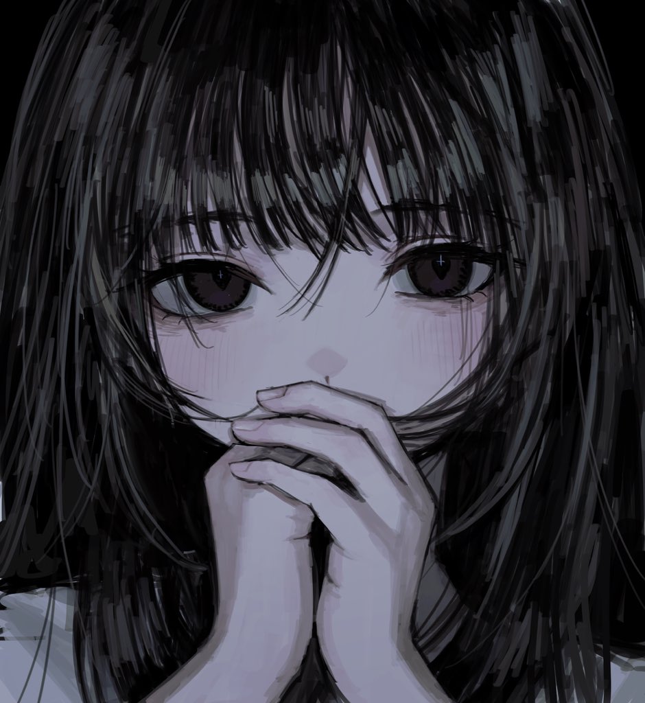 sakiika0513, original, 1girl, black hair, blush, covered mouth, cross in eye, dark background, hands up, long bangs, long hair, looking at viewer, own hands together, portrait, purple eyes, shirt, solo, white shirt