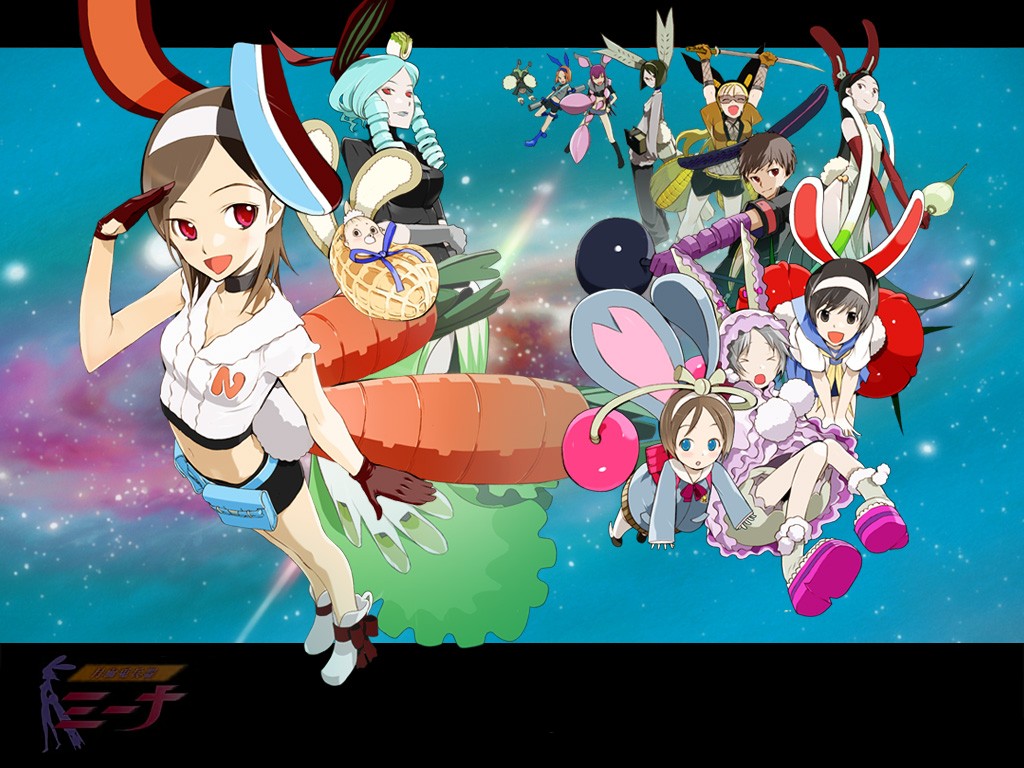 okama, akiyama mina, haibara minamo, halmina goldberg, hazemi nakoru, hazuki mina, hazuki mina (getsumento heiki miina), kannazuki mina, kisaragi mina, koushuu suiren, mi nansou, nanashi (getsumento heiki miina), nishiha sumire, ootsuki mina, sanae tsutsuji, satsuki mina, shimotsuki mina, shirahime minako, shiratori mina, shiwasu mina, takanashi yuu, tamamushi mina, tsukishiro mina, yayoi mina (getsumento heiki miina), densha otoko, getsumento heiki miina, arm grab, official art, official wallpaper, > <, 00s, 1boy, 6+girls, :d, :o, age difference, animal ears, ankle boots, arms up, baby, backpack, bag, basket, belt, belt pouch, bent over, black bodysuit, black hair, blonde hair, bloomers, blue eyes, blue hair, blue lips, blush, bob cut, bodysuit, boots, bow, breasts, brown eyes, brown hair, carrot, center opening, cherry, china dress, chinese clothes, choker, cleavage, closed eyes, corn, crop top, cutoffs, dark skin, denim, denim shorts, dress, drill hair, elbow gloves, everyone, fishnets, flat chest, food, food-themed clothes, fruit, glasses, gloves, gun, hairband, holding, hood, katana (weapon), kneehighs, letterboxed, lipstick, long hair, long sleeves, looking at viewer, m1 bazooka, magical girl, makeup, medium breasts, midriff, multiple girls, ninja, open mouth, orange hair, outstretched arm, pacifier, pants, pleated skirt, pouch, purple hair, rabbit ears, rabbit tail, randoseru, red eyes, ribbon, rocket launcher, salute, shirt, shoes, short hair, short shorts, shorts, side slit, skirt, sky, sleeves past wrists, small breasts, smile, socks, space, spring onion, standing, star (sky), starry sky, sunglasses, sweater, swept bangs, sword, tail, thigh strap, tomato, torn clothes, twin drills, twintails, underwear, very long hair, weapon, wince