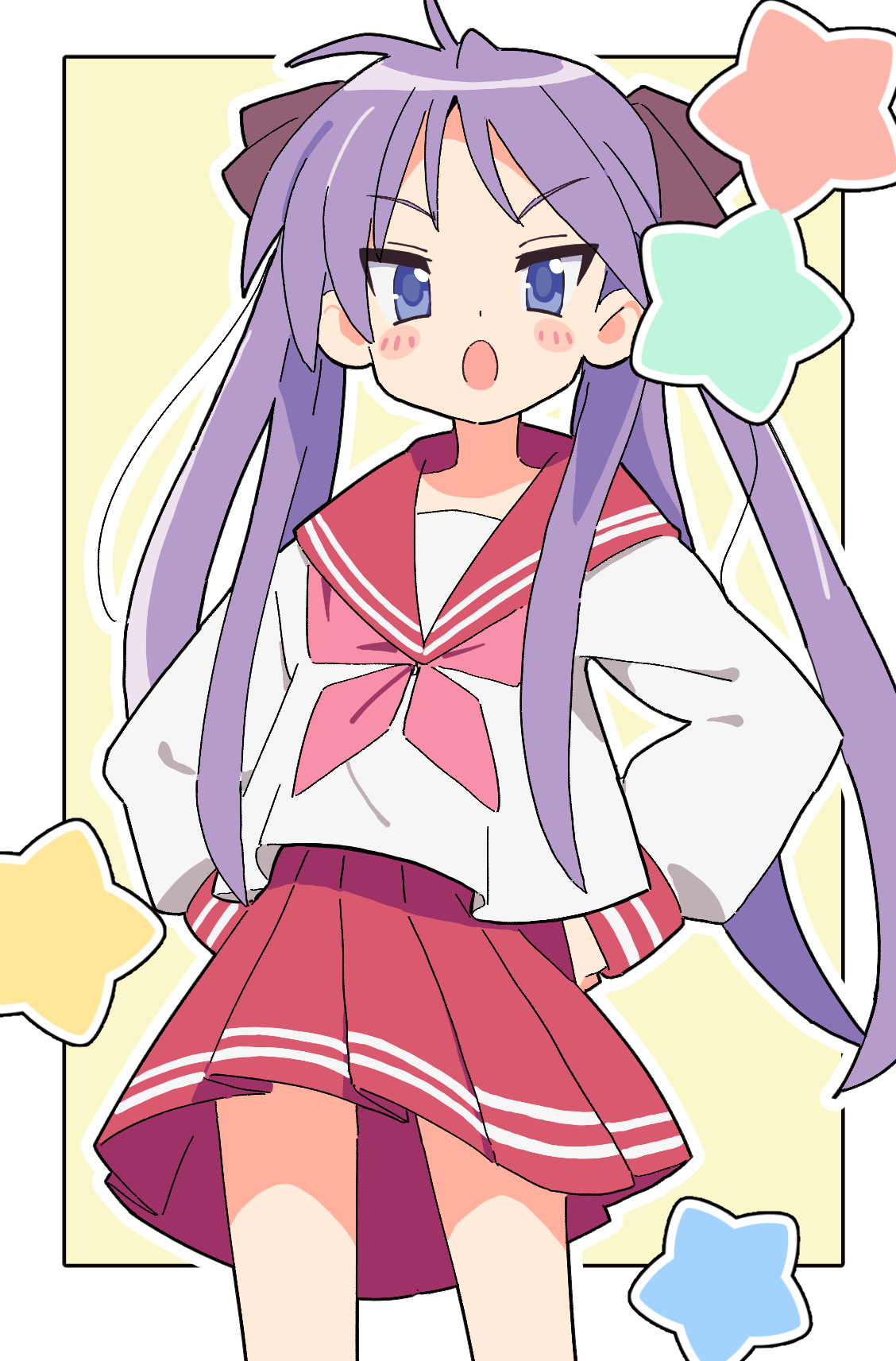 noyama takenoko, hiiragi kagami, lucky star, commentary, highres, 1girl, :o, bare legs, black hair, blue eyes, blush stickers, border, cowboy shot, dot nose, hair ribbon, hands on own hips, long hair, long sleeves, looking at viewer, neckerchief, open mouth, outline, outside border, pink neckerchief, pleated skirt, puffy long sleeves, puffy sleeves, purple hair, red sailor collar, red skirt, ribbon, ryouou school uniform, sailor collar, school uniform, serafuku, shirt, simple background, skirt, solo, star (symbol), very long hair, white border, white outline, white shirt, yellow background