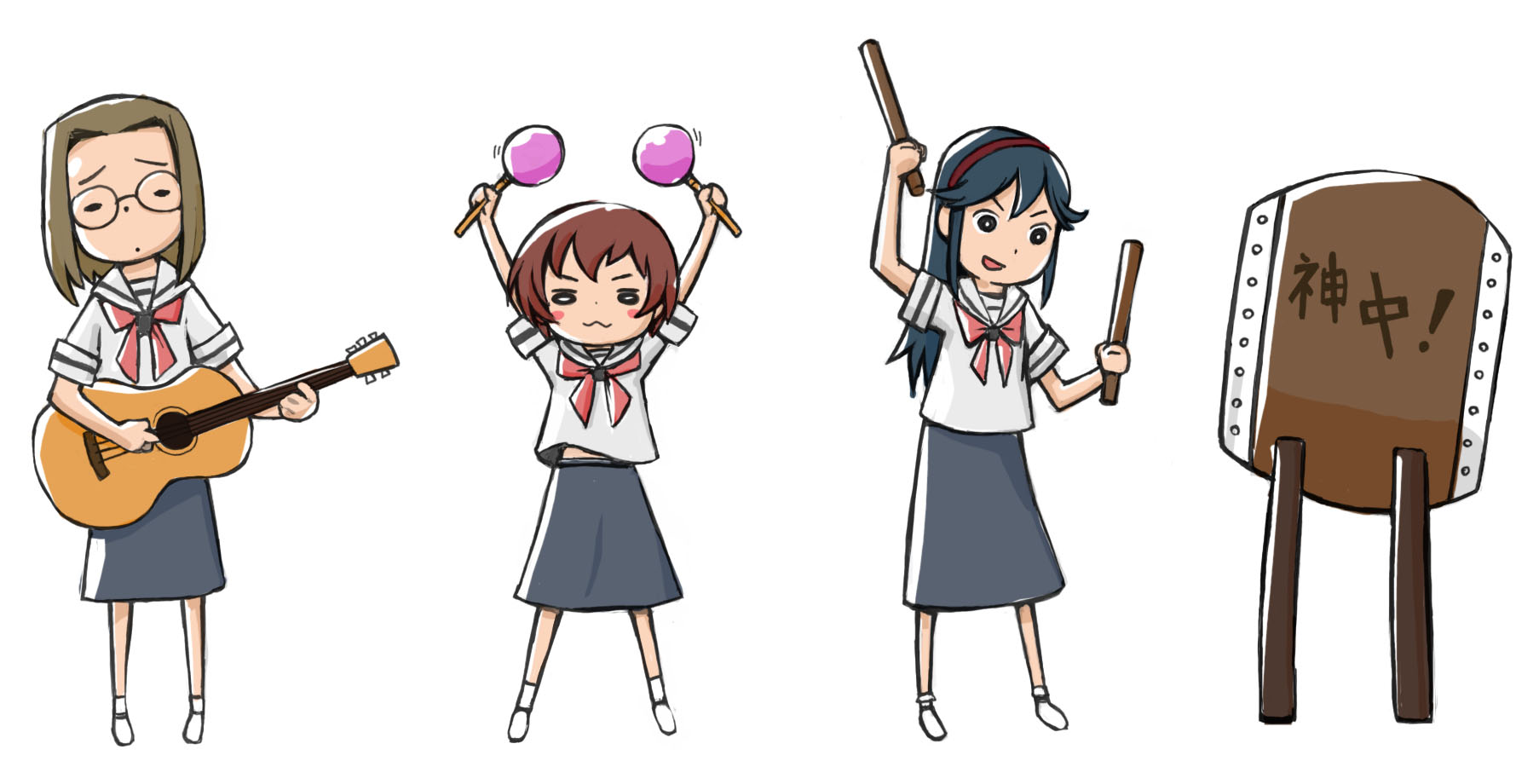 muuten, hitotsubashi yurie, saegusa matsuri, shijou mitsue, kamichu!, highres, 00s, 3girls, :3, acoustic guitar, chibi, chibi only, drum, guitar, instrument, maracas, multiple girls, music, taiko drum