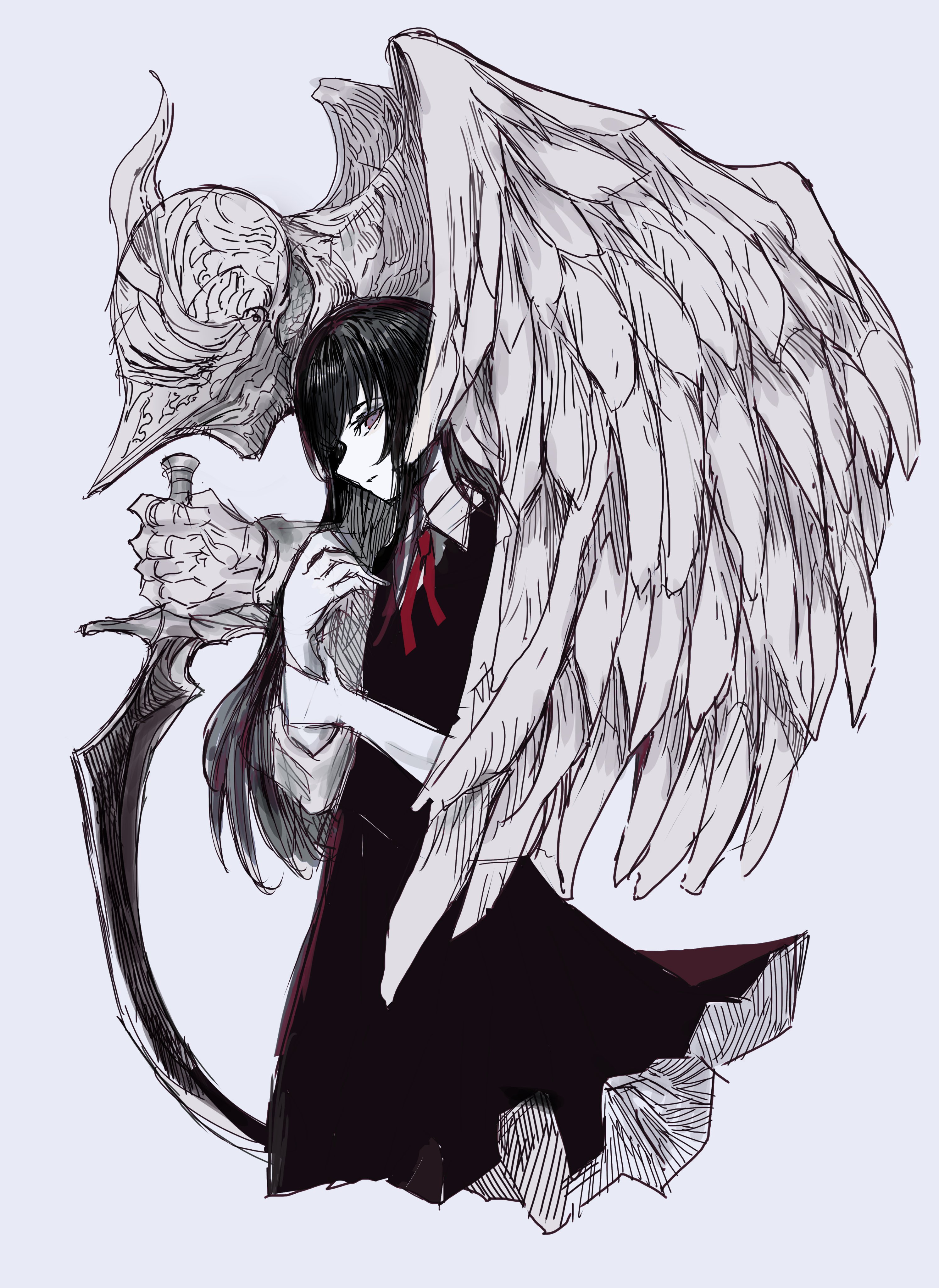 chuhaibane, original, absurdres, highres, 1girl, 1other, black dress, black hair, collared shirt, creature, dagger, dress, hand up, helm, helmet, knife, looking at viewer, neck ribbon, purple eyes, red ribbon, ribbon, shirt, simple background, sketch, sleeves rolled up, weapon, white background, wings