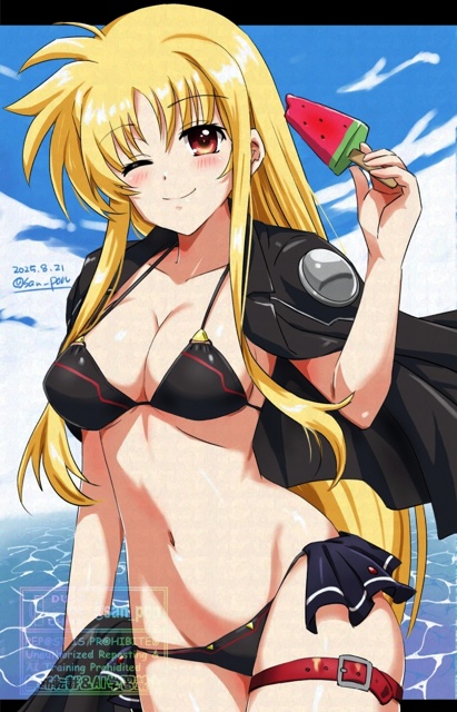 san-pon, fate testarossa, lyrical nanoha, mahou shoujo lyrical nanoha strikers, commentary request, 1girl, ;), bikini, black bikini, black jacket, blonde hair, breasts, cleavage, closed mouth, dated, food, holding, holding food, holding popsicle, jacket, jacket on shoulders, large breasts, long hair, looking at viewer, navel, one eye closed, popsicle, red eyes, smile, solo, swimsuit, very long hair