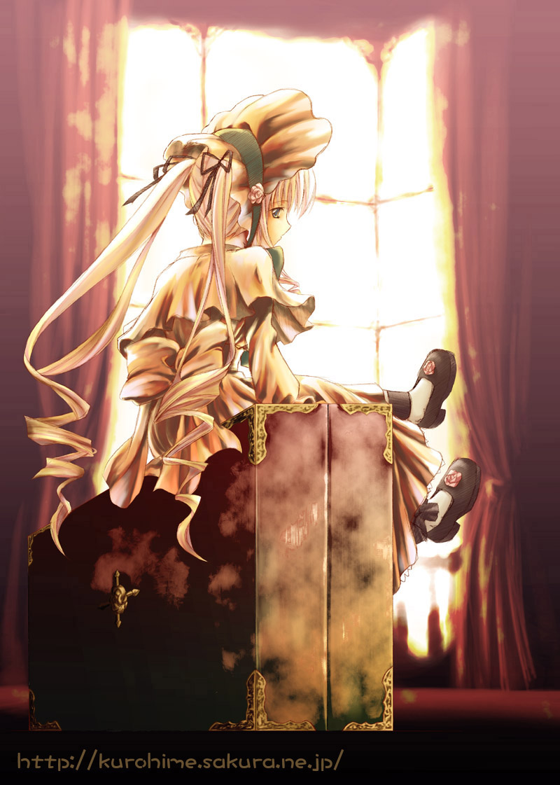 kousaka yami, yami kosaka, shinku, rozen maiden, luggage, 00s, 1girl, bonnet, curtains, dress, drill hair, female focus, from behind, long hair, looking back, profile, sitting, solo, watermark, web address, window