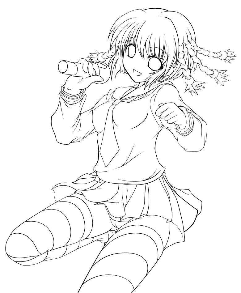 yaegawa mahiro, kanisawa kinu, tsuyokiss, 1girl, braid, female focus, greyscale, karaoke, kneeling, miniskirt, monochrome, necktie, panties, pantyshot, pleated skirt, school uniform, serafuku, short hair, sitting, skirt, solo, striped clothes, striped panties, striped thighhighs, thighhighs, underwear, upskirt