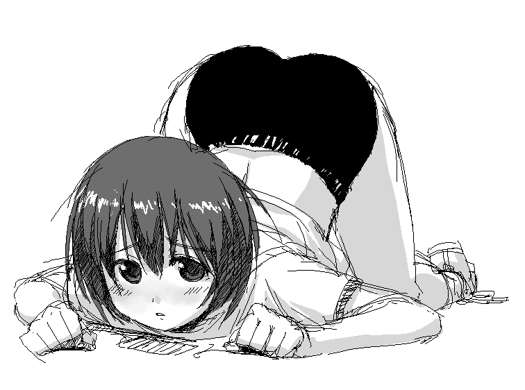 onija tarou, hitotsubashi yurie, kamichu!, 00s, 1girl, buruma, female focus, greyscale, gym uniform, looking at viewer, monochrome, oekaki, short hair, simple background, solo, top-down bottom-up, white background