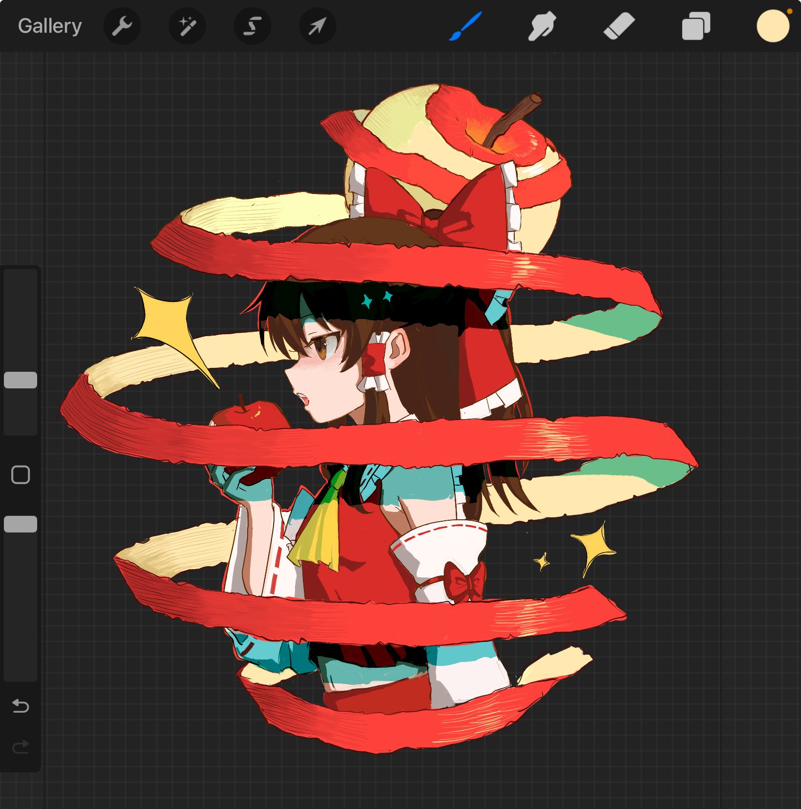 hakurei reimu, touhou, commentary, hashtag-only commentary, highres, symbol-only commentary, 1girl, apple, apple peel, ascot, bow, brown eyes, brown hair, cropped torso, detached sleeves, food, frills, from side, fruit, hair bow, hair tubes, holding, holding food, holding fruit, long hair, looking ahead, midriff peek, navel, open mouth, red bow, red shirt, red skirt, scabbards, shirt, skirt, sleeveless, sleeveless shirt, solo, star (symbol), upper body, user interface, white sleeves, yellow ascot