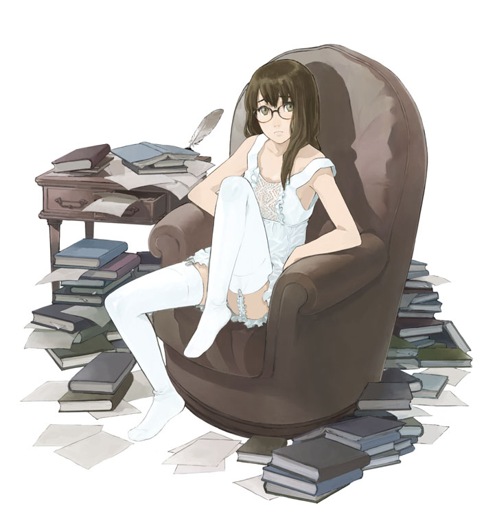 1girl, armchair, book, book stack, brown hair, chair, female focus, garter belt, glasses, long hair, on chair, paper, quill, sitting, solo, thighhighs, white thighhighs