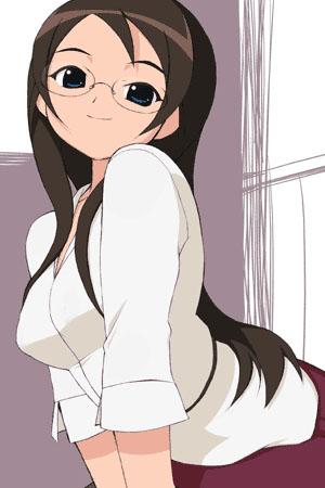 elf k, hanna, hanna (chicchana yukitsukai sugar), chicchana yukitsukai sugar, lowres, 00s, 1girl, brown hair, female focus, glasses, grey eyes, long hair, rimless eyewear, shirt, solo, teacher