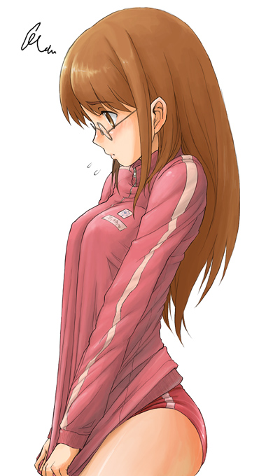 1girl, blush, breasts, brown eyes, brown hair, buruma, covered erect nipples, covering crotch, covering privates, cowboy shot, embarrassed, female focus, flying sweatdrops, from side, glasses, gym uniform, jacket, long hair, looking down, name tag, profile, raised eyebrows, rimless eyewear, shirt tug, simple background, single vertical stripe, solo, track jacket, turtleneck, white background, zipper