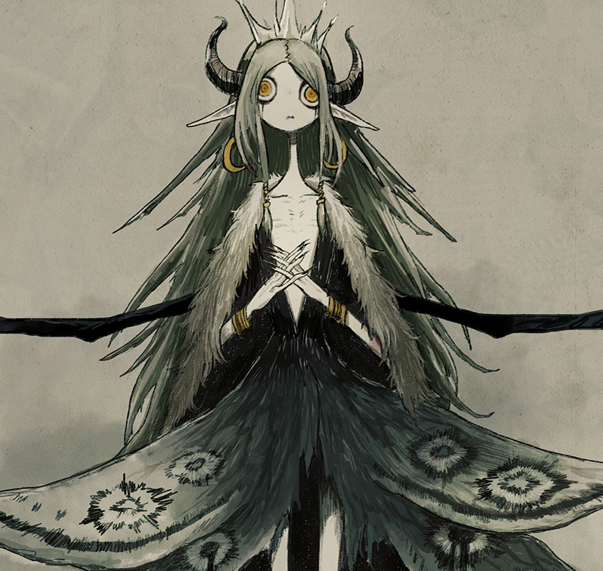 toi (number8), original, tagme, black horns, black nails, bracelet, crown, demon, demon horns, dress, earrings, fingernails, gold, gold bracelet, gold earrings, horns, jewelry, long hair, long neck, pointy ears