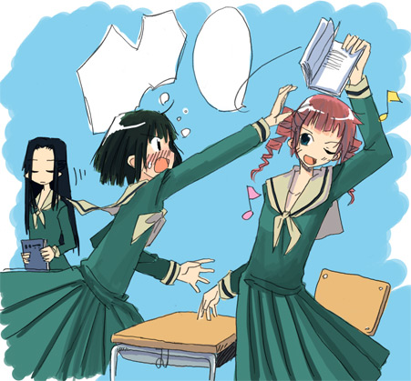ueshita, hosokawa kanako, matsudaira touko, nijou noriko, maria-sama ga miteru, lowres, 00s, 3girls, annoyed, arm up, black hair, blank speech bubble, blush, book, brown hair, chair, closed eyes, desk, drill hair, holding, holding book, long hair, looking at another, multiple girls, musical note, notebook, one eye closed, quaver, reaching, school uniform, serafuku, short hair, speech bubble, teasing, twintails, walking