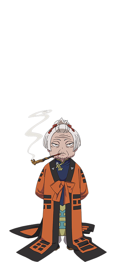 oohigashi yurie, ao no exorcist, official art, 1girl, anime coloring, arms behind back, black shoes, blue dress, china dress, chinese clothes, closed mouth, dress, full body, hair ornament, kiseru, looking at viewer, lucy yang, old, old man, old woman, orange hanfu, pants, shoes, simple background, smoke, smoking pipe, solo, standing, transparent background, white hair, white pants, wrinkled skin