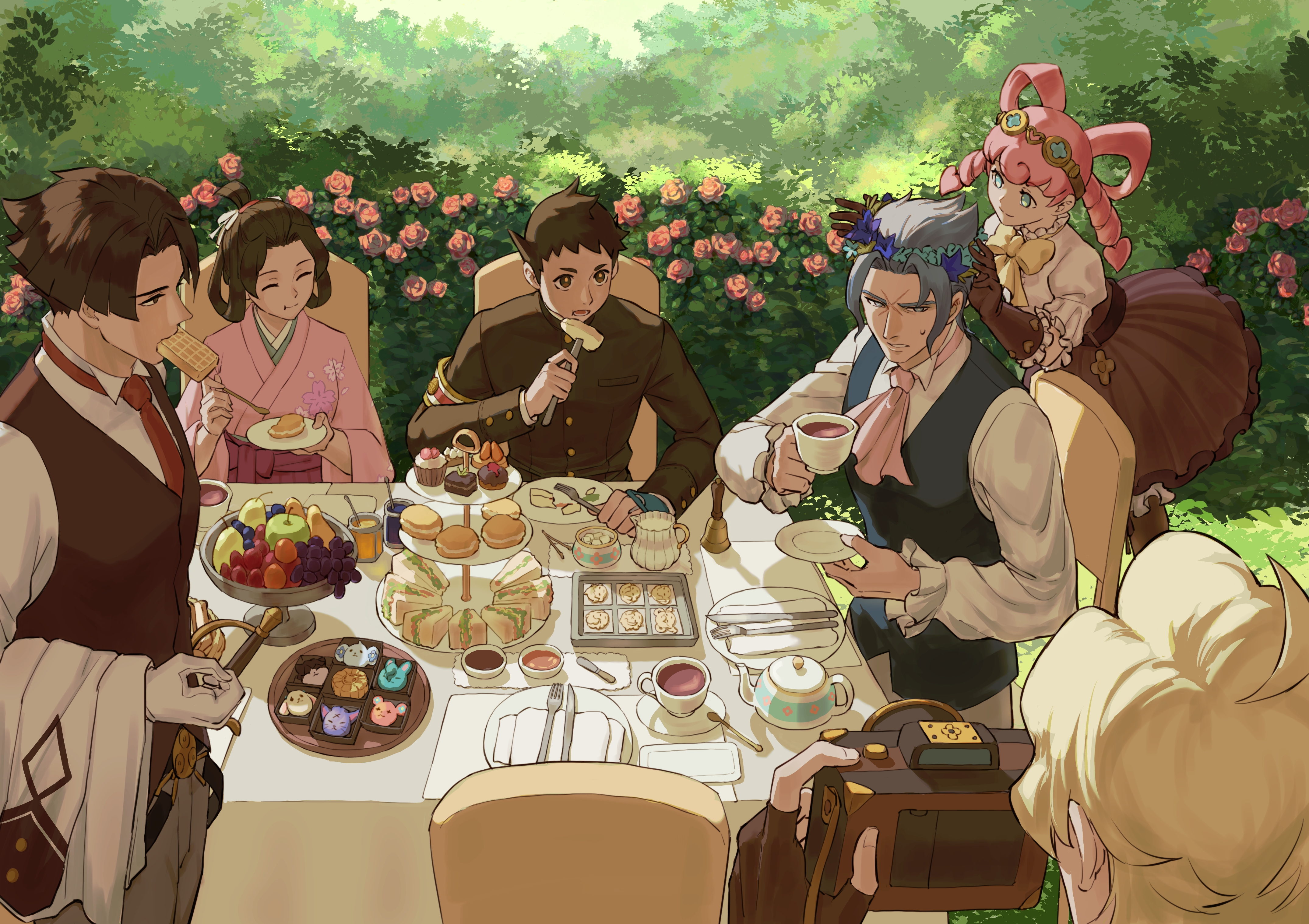 barok van zieks, herlock sholmes, iris wilson, kazuma asogi, ryunosuke naruhodo, susato mikotoba, ace attorney, the great ace attorney, absurdres, chinese commentary, clip studio paint (medium), highres, 2girls, 4boys, :t, ahoge, apple, aqua eyes, aqua flower, armband, ascot, baking sheet, bangs pinned back, bell, belt, belt buckle, black belt, black gloves, black hair, black jacket, black skirt, black vest, blonde hair, blue eyes, blue flower, blue hair, blueberry, bow, bow-shaped hair, bowtie, brown eyes, bubble skirt, buckle, bush, camera, chair, closed eyes, closed mouth, collared shirt, cookie, cup, cupcake, curtained hair, day, drill hair, eating, elbow gloves, fingerless gloves, fingernails, flower, food, food in mouth, fork, frilled gloves, frilled shirt collar, frills, fruit, gakuran, gloves, goggles, goggles on head, grapes, grey pants, group picture, hair rings, hakama, hakama skirt, hand on table, hand up, head wreath, heart, holding, holding camera, holding cup, holding fork, holding plate, holding spoon, jacket, jacket on arm, japanese clothes, jingle bell, kimono, kitchen knife, knife, long hair, long sleeves, looking to the side, multiple boys, multiple girls, napkin, necktie, on chair, open mouth, outdoors, pants, parted bangs, pastry, pear, pink ascot, pink flower, pink hair, pink kimono, pink rose, plate, puffy long sleeves, puffy sleeves, purple skirt, red necktie, rose, rose bush, sandwich, scar, scar on face, school uniform, sheath, shirt, short hair, sitting, skirt, smile, spoon, sweatdrop, table, tablecloth, tea, tea party, teacup, teapot, tiered tray, twin drills, twintails, unworn jacket, updo, vegetation, vest, waffle, white gloves, white shirt, wingtip collar, xinjinjumin2879580, yellow bow, yellow bowtie