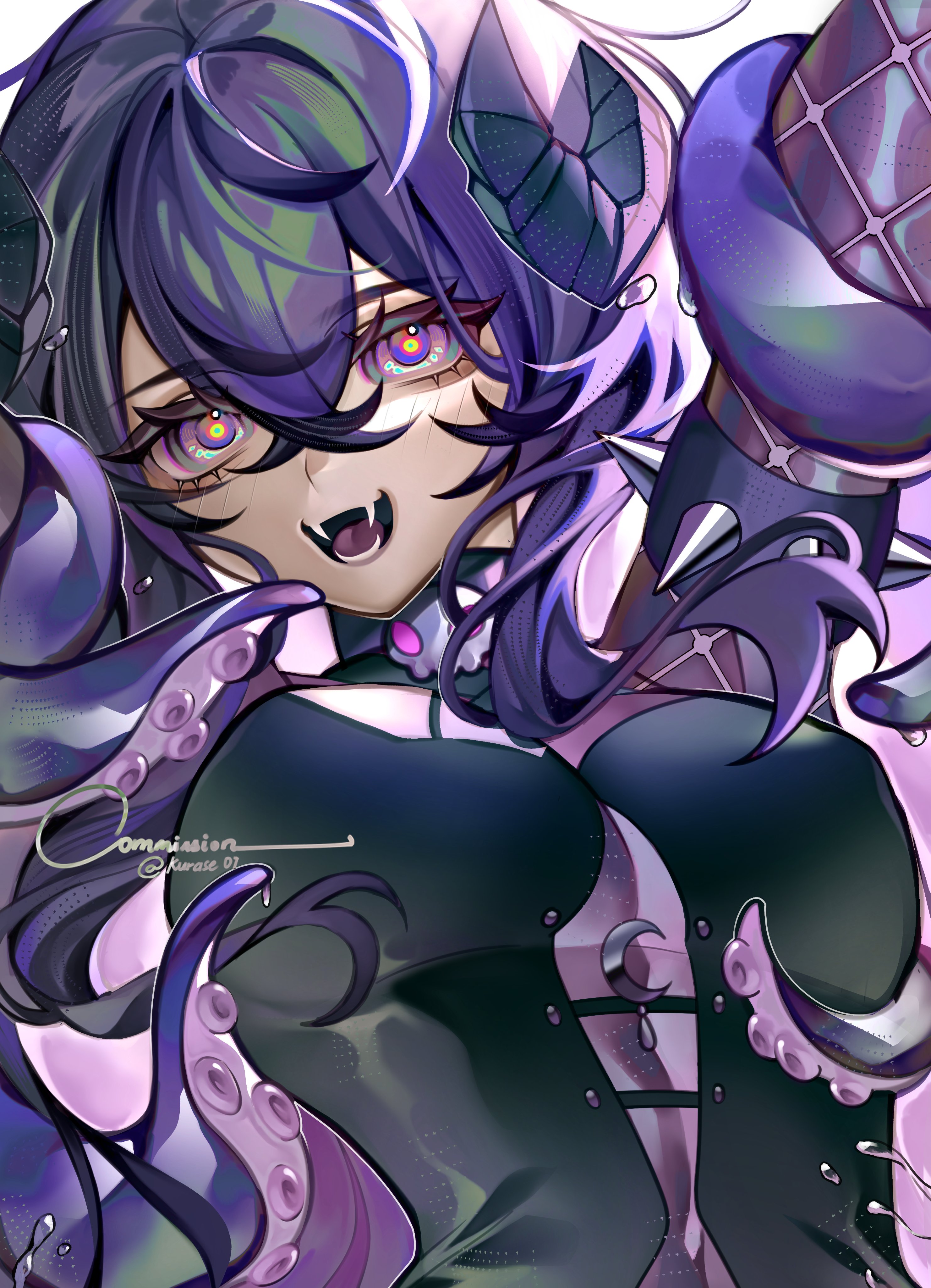 absurdres, character request, commentary, commission, copyright request, english commentary, highres, vgen commission, 1girl, artist name, black dress, breasts, crescent ornament, crossed bangs, curled horns, dress, fangs, hair between eyes, horns, kurase 07, large breasts, looking at viewer, medium hair, multicolored eyes, open mouth, purple eyes, purple hair, purple horns, skin fangs, smile, solo, tentacles, tongue, upper body