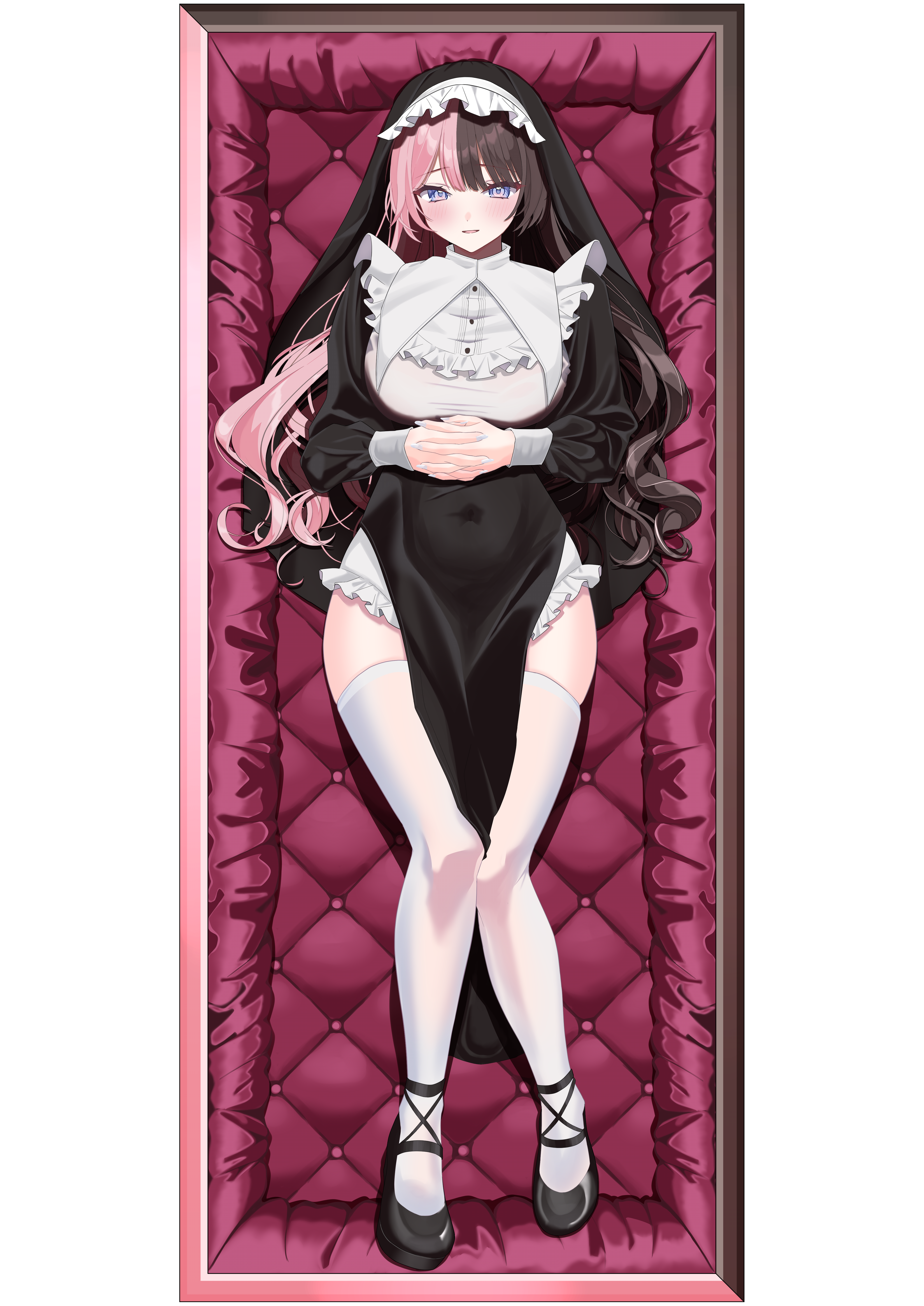 zuizui 11, tachibana hinano, tachibana hinano (muku), vspo!, absurdres, highres, 1girl, black dress, blue eyes, blush, breasts, brown hair, covered navel, dress, full body, large breasts, long hair, long sleeves, looking at viewer, multicolored hair, nun, open mouth, own hands together, pink hair, side slit, smile, solo, split-color hair, thighhighs, veil, virtual youtuber, white thighhighs