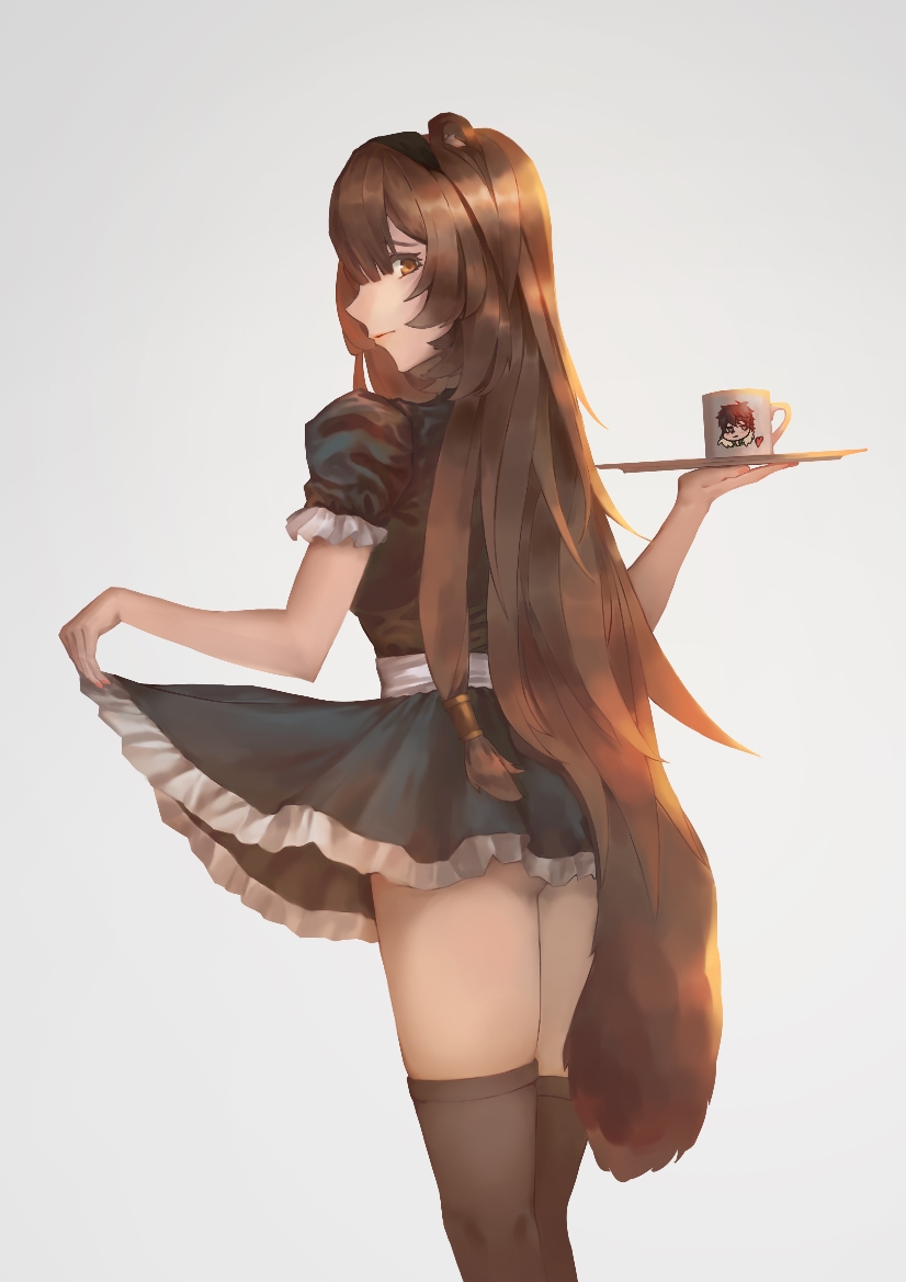 qingfeng canying, iwatani naofumi, raphtalia, tate no yuusha no nariagari, 1girl, alternate costume, alternate eye color, animal ears, ass peek, black dress, black socks, blunt bangs, brown eyes, brown hair, clothes lift, cowboy shot, cup, dress, enmaided, eyelashes, frilled dress, frilled sleeves, frills, from behind, heart, holding, holding cup, holding tray, kneehighs, long hair, looking at viewer, looking back, maid, metal hair tubes, raccoon ears, raccoon girl, raccoon tail, short dress, short sleeves, simple background, skirt, skirt hold, skirt lift, socks, solo, tail, thighs, tray, white background