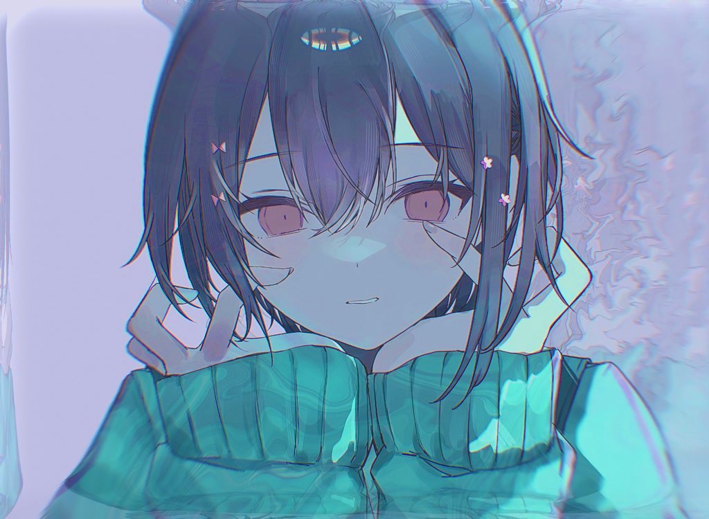 geometry682, kurari-chan (iyowa), iyowa girls, kyu-kurarin (cevio), commentary, 1girl, brown hair, double-parted bangs, green sweater, hair between eyes, hands up, long sleeves, parted lips, pink background, portrait, red eyes, short hair, solo, sweater