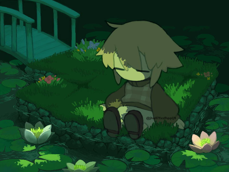 regurusu (nagarevosi), urotsuki, yume 2kki, commentary, mixed-language commentary, 1girl, black shoes, blonde hair, bridge, brown sweater, chibi, chibi only, closed eyes, flower, grey skirt, grey sweater vest, hair flaps, lily pad, no mouth, plaid clothes, plaid sweater vest, plaid vest, river, shoes, short hair, sidelocks, sitting, skirt, solo, sweater, sweater vest, twitter username, vest, water, water lily flower, wooden bridge