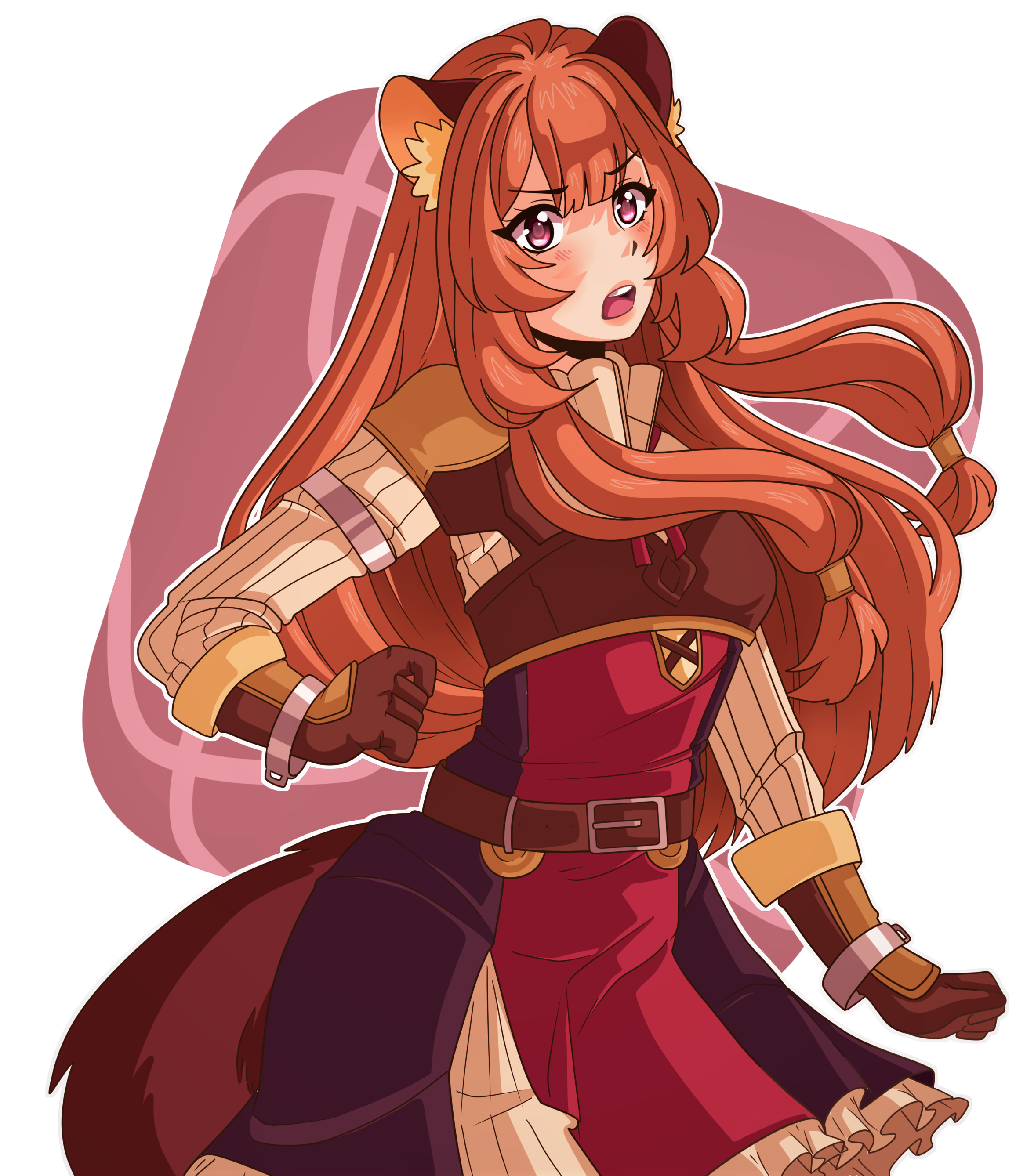 raphtalia, tate no yuusha no nariagari, absurdres, commentary, english commentary, highres, 1girl, animal ear fluff, animal ears, armor, armored gloves, belt, black dress, blush, border, breastplate, breasts, brown belt, brown gloves, brown hair, collared dress, dress, elbow gloves, eyelashes, floating hair, gloves, high collar, layered dress, leather armor, long hair, long sleeves, looking at viewer, metal arm cuffs, metal hair tubes, metal wrist cuffs, neck ribbon, open mouth, outline, outside border, pauldrons, pink background, pink eyes, raccoon ears, raccoon girl, raccoon tail, red dress, red ribbon, ribbon, short dress, shoulder armor, single pauldron, sleeveless, sleeveless dress, small breasts, solo, straight hair, striped clothes, striped dress, tail, teeth, transparent border, two-tone dress, upper teeth only, veemaxima, vertical-striped clothes, vertical-striped dress, white dress, white outline