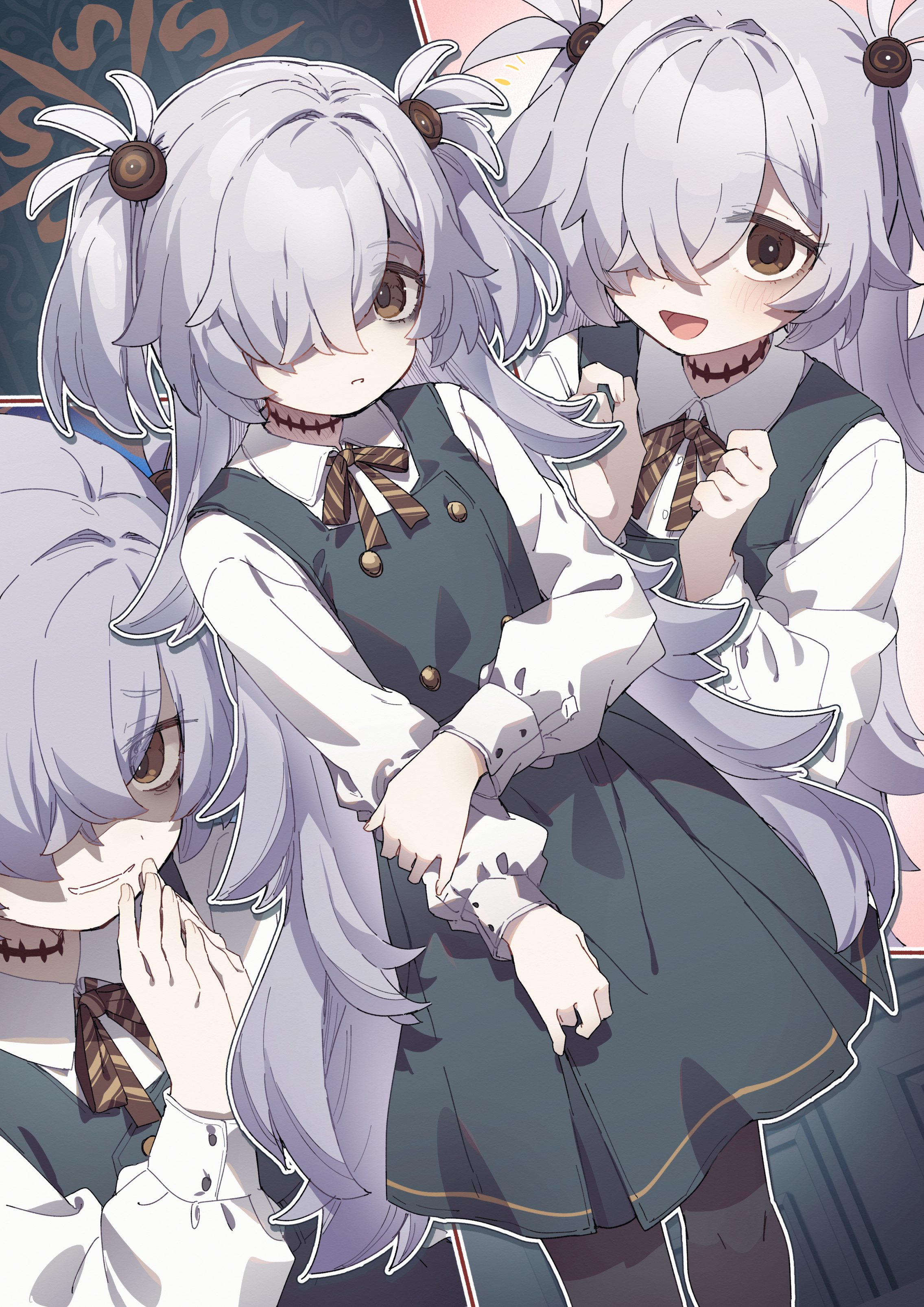 yukie (kusaka shi), kanoe (blue archive), blue archive, absurdres, commentary, highres, 1girl, :d, black choker, black dress, brown eyes, brown halo, choker, dress, grey hair, hair over one eye, halo, long hair, long sleeves, looking at viewer, multiple views, open mouth, shirt, smile, two side up, white shirt