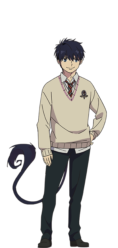oohigashi yurie, okumura rin, ao no exorcist, official art, 1boy, anime coloring, black hair, blue eyes, brown cardigan, cardigan, closed mouth, collared shirt, demon tail, full body, green pants, hair between eyes, hand on own hip, long sleeves, looking at viewer, necktie, pants, pointy ears, red necktie, shirt, short hair, simple background, smile, solo, standing, striped necktie, tail, transparent background, untucked shirt, white shirt