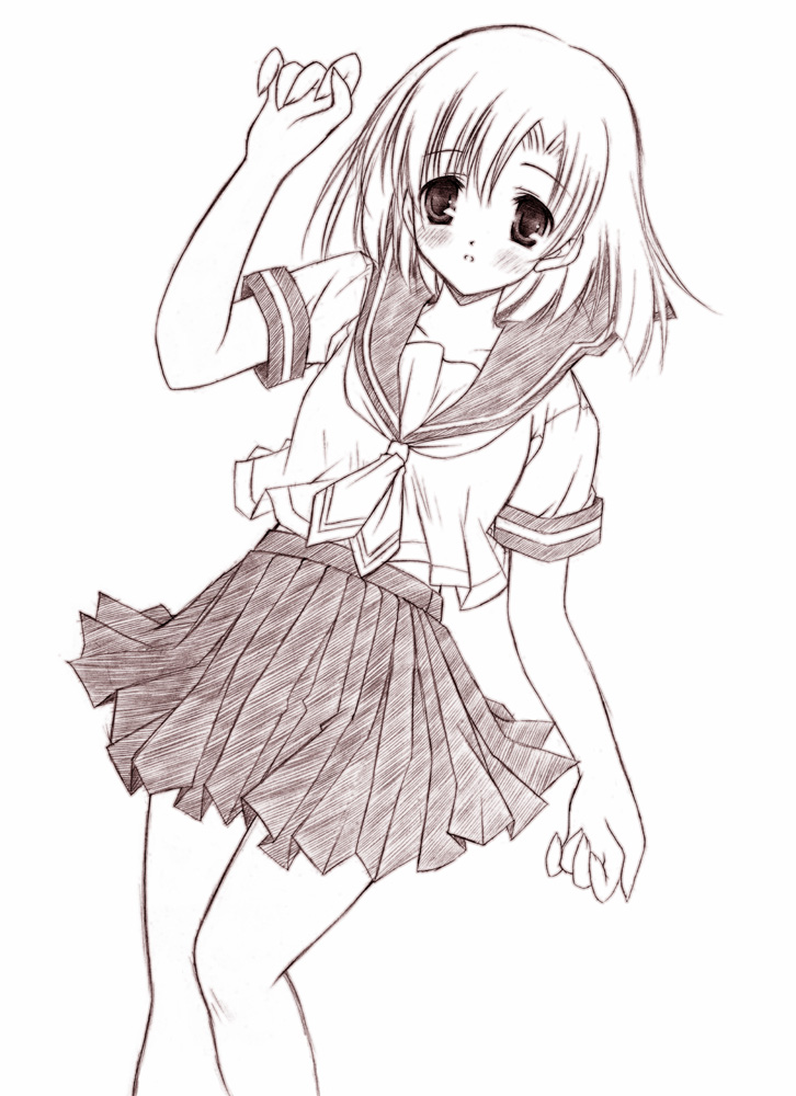 ryuuguu rena, higurashi no naku koro ni, 00s, 1girl, female focus, monochrome, pink theme, pleated skirt, school uniform, serafuku, skirt, solo