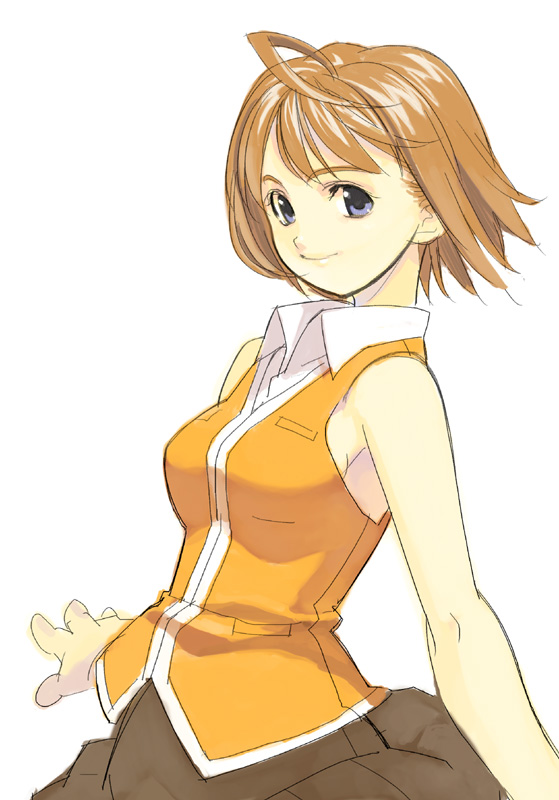 kizaki, volvox, tokiha mai, my-hime, 00s, 1girl, ahoge, armpits, blue eyes, female focus, orange hair, orange shirt, school uniform, serafuku, shirt, short hair, skirt, sleeveless, smile, solo